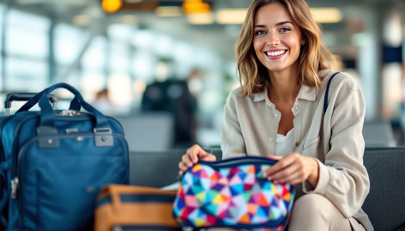 A woman happily packs her travel essentials into colorful pouches at the airport.