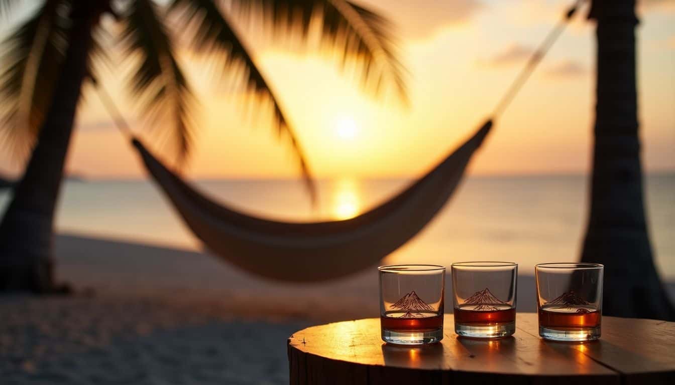 A hammock suspended between palm trees on a sandy beach at sunset.