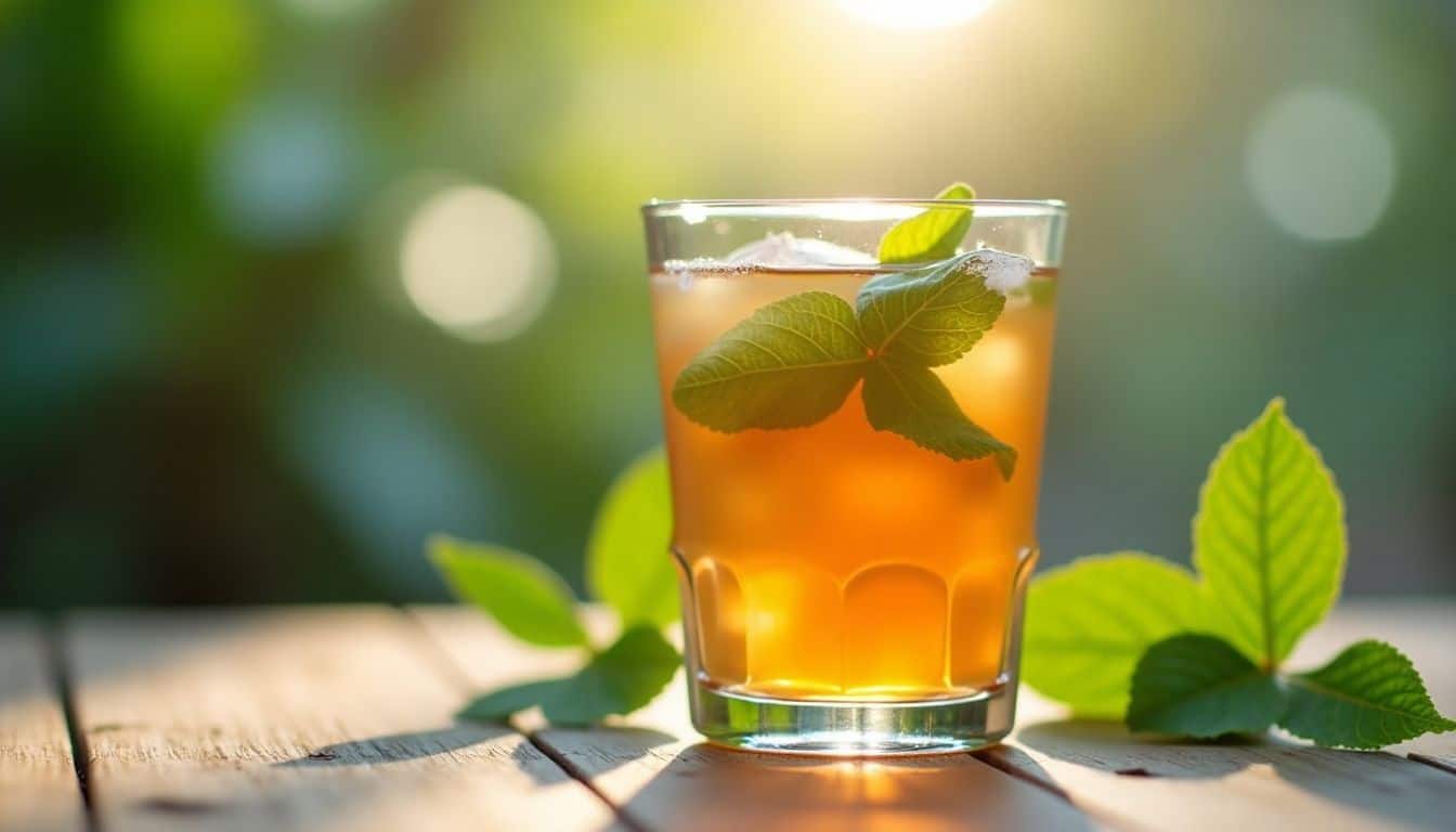 A glass of moringa tea on a wooden table with fresh leaves.