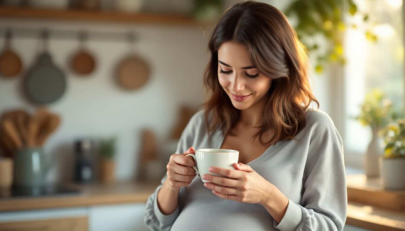 A nursing mother pouring moringa tea in a cozy kitchen.