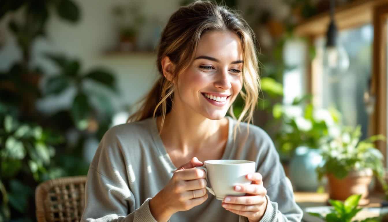 A woman enjoys moringa tea in a cozy kitchen.