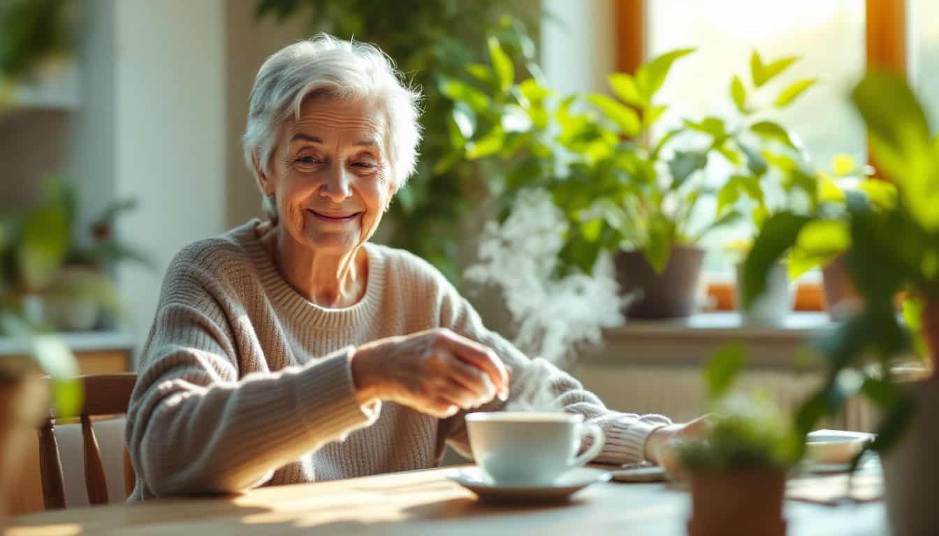 An elderly woman pours moringa tea in a cozy kitchen.