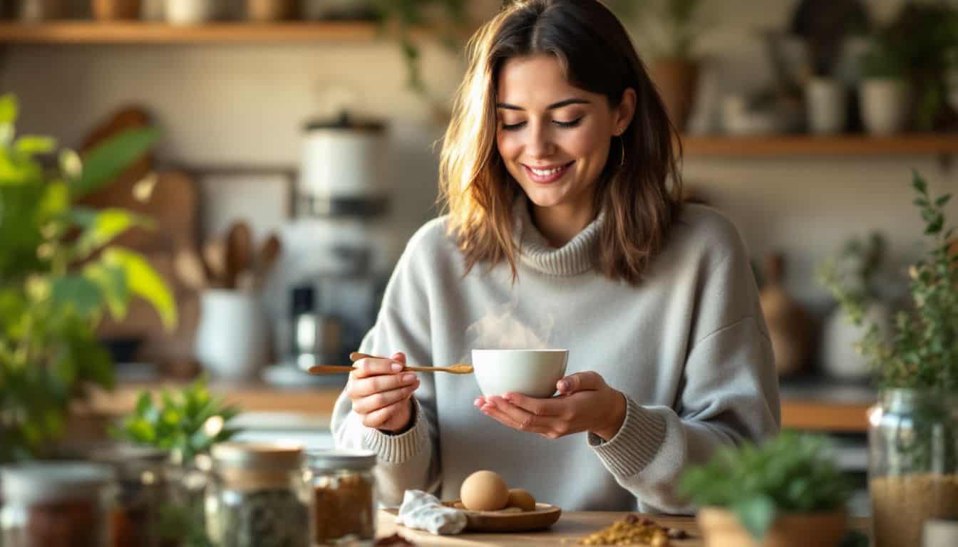 A woman enjoys a morning cup of moringa tea in her kitchen.