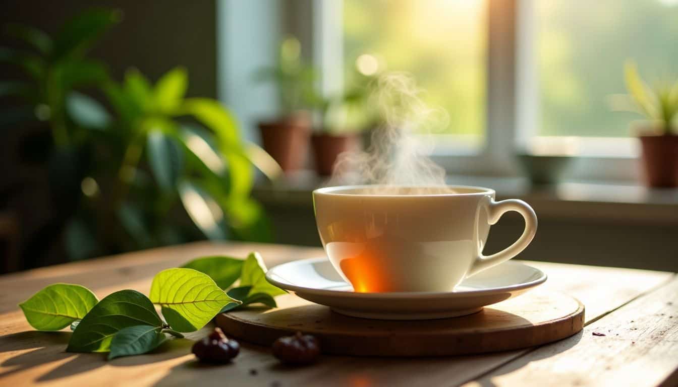 A cup of Moringa tea surrounded by fresh leaves and dried fruit.