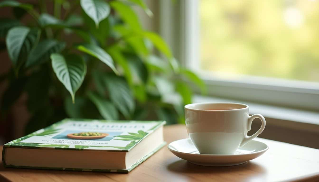 A cup of moringa tea and a book about herbal remedies on a wooden table surrounded by green plants.