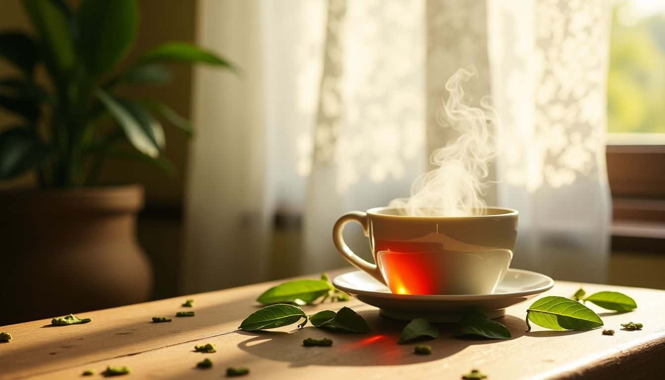 A cup of moringa tea with dried leaves on a wooden table.