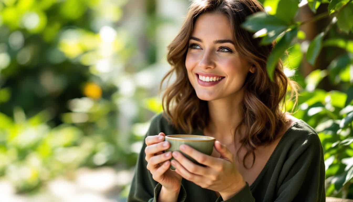 A woman in her 30s enjoys moringa tea surrounded by lush foliage.