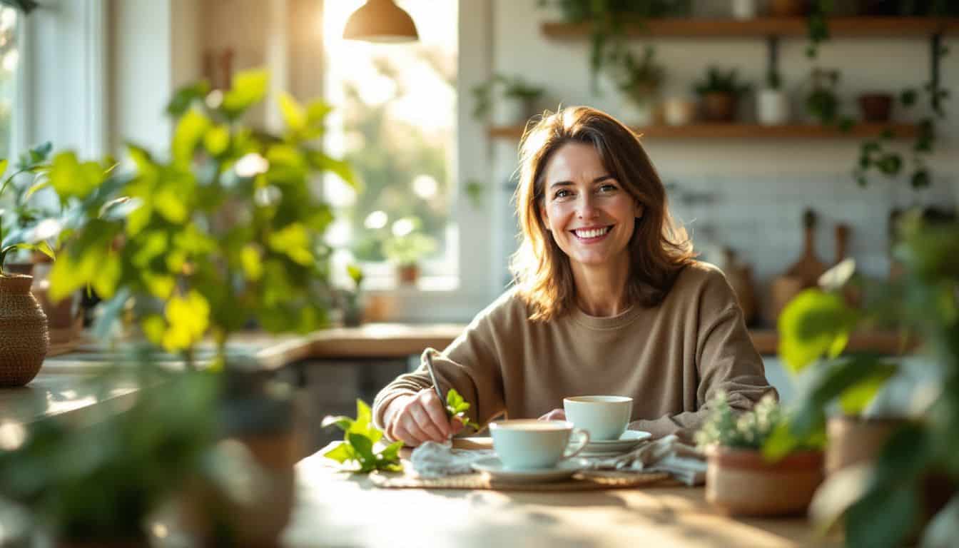 A woman enjoys moringa tea in a cozy, plant-filled kitchen.