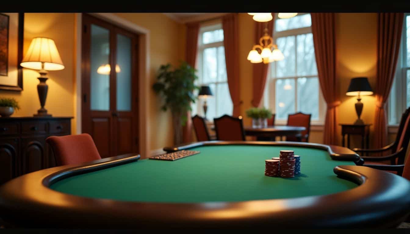 A well-lit dining room with a large poker table set up for game night.