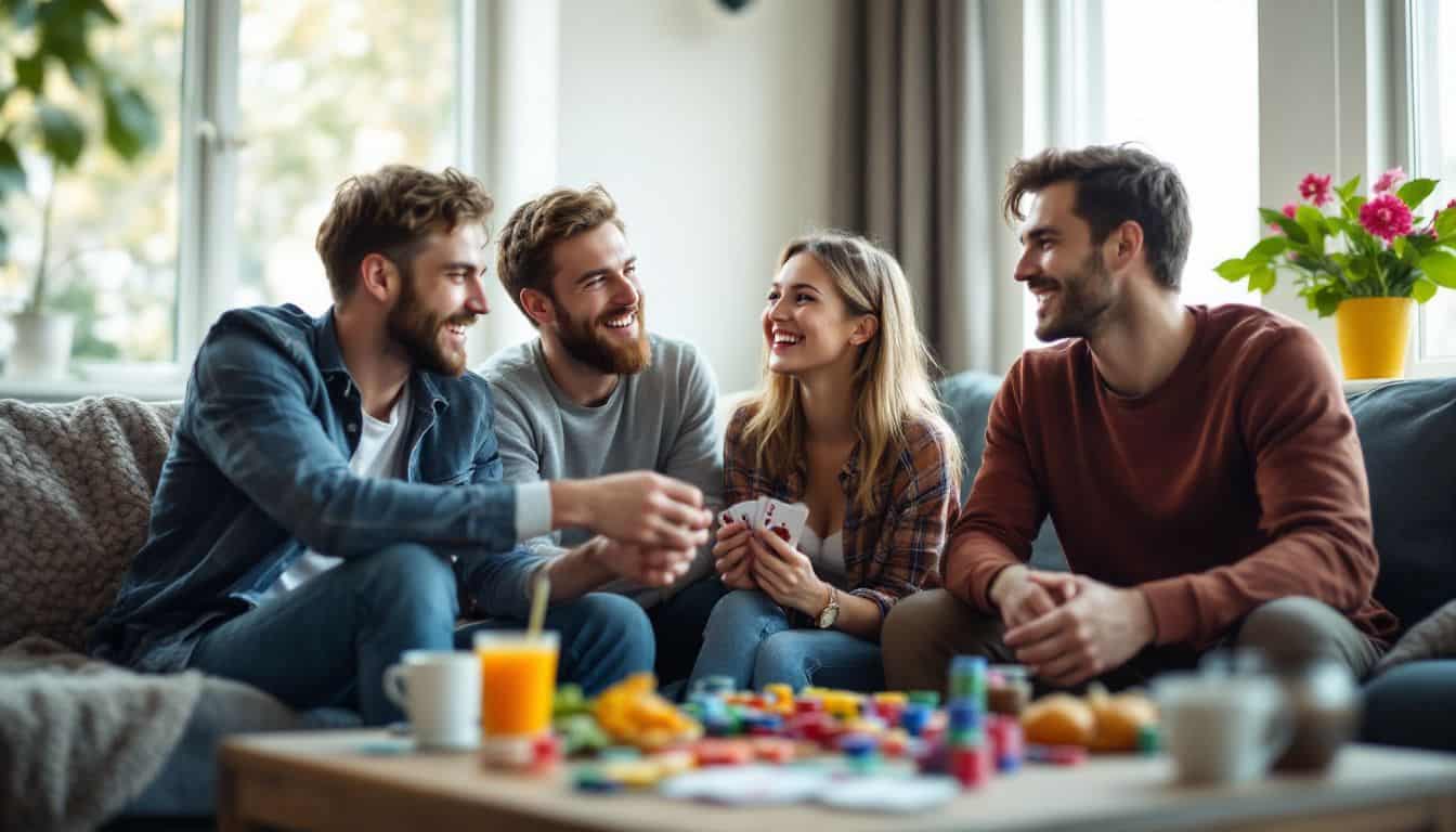 Four friends in their mid-20s playing poker in a cozy living room.