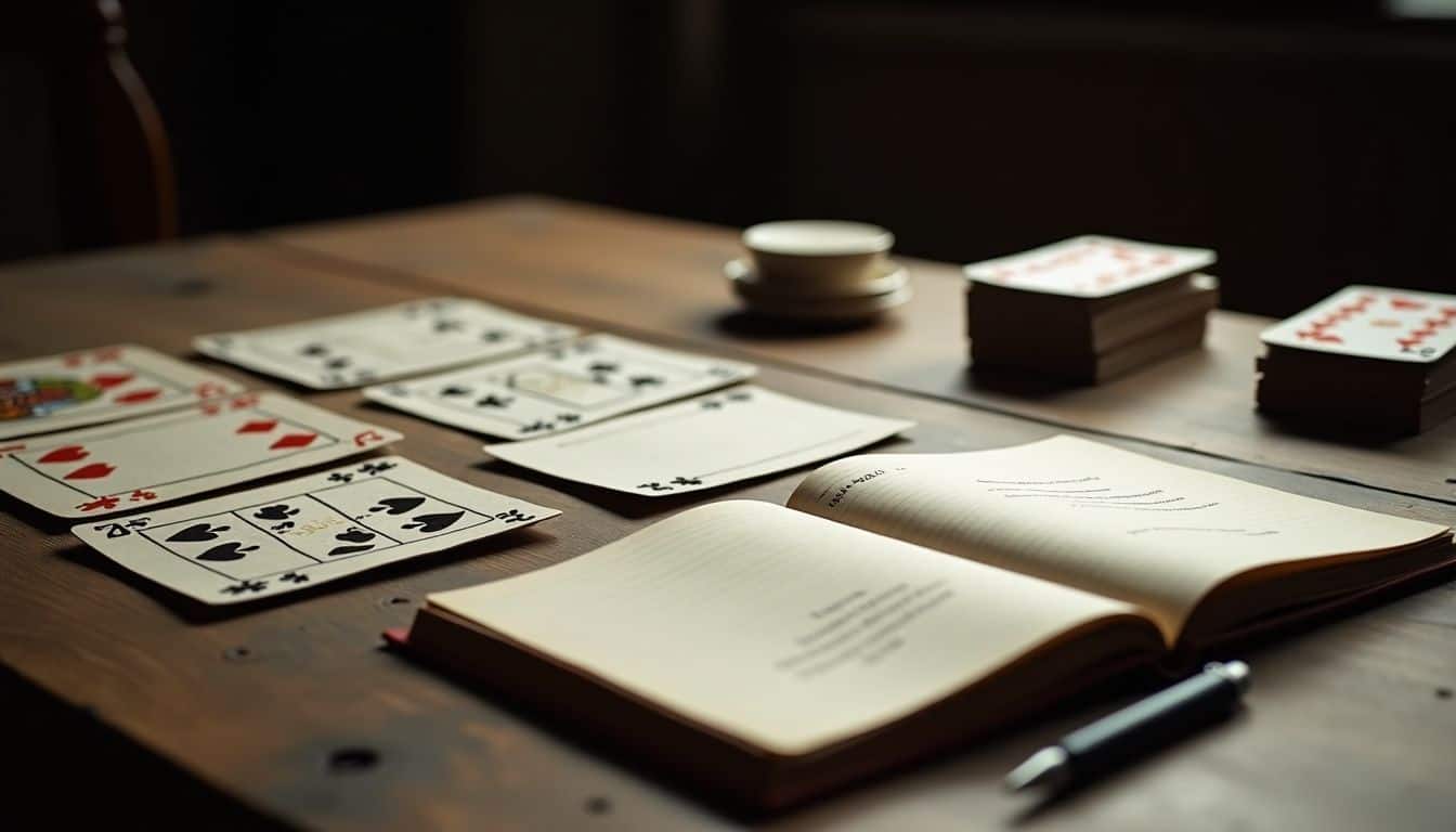 A deck of cards and a notebook ready for poker game.