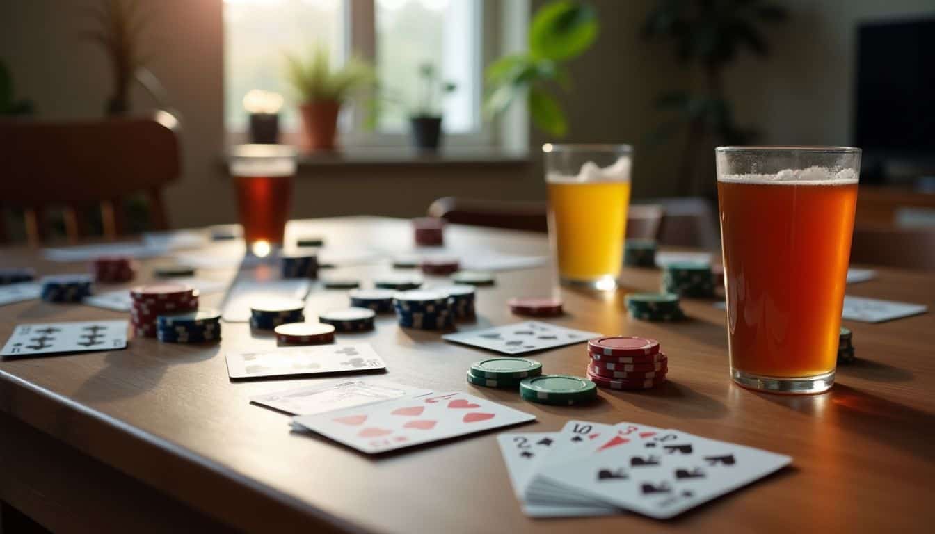 A cluttered table with poker chips, cards, and drinks in a cozy home setting.