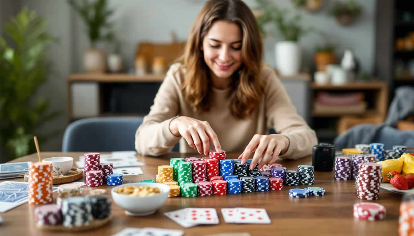 A woman in her 30s selects colorful poker chips at a table.