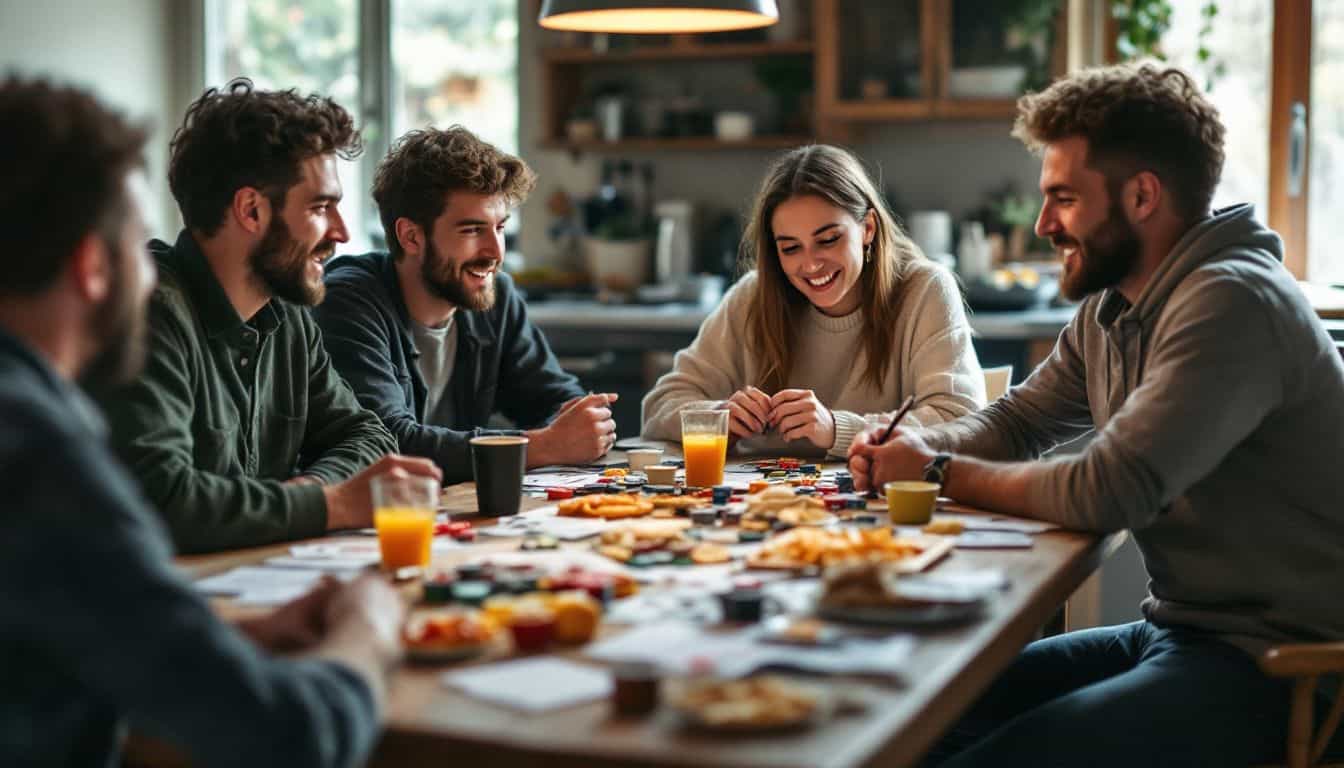 A group of enthusiastic people gathered around a kitchen table studying poker.