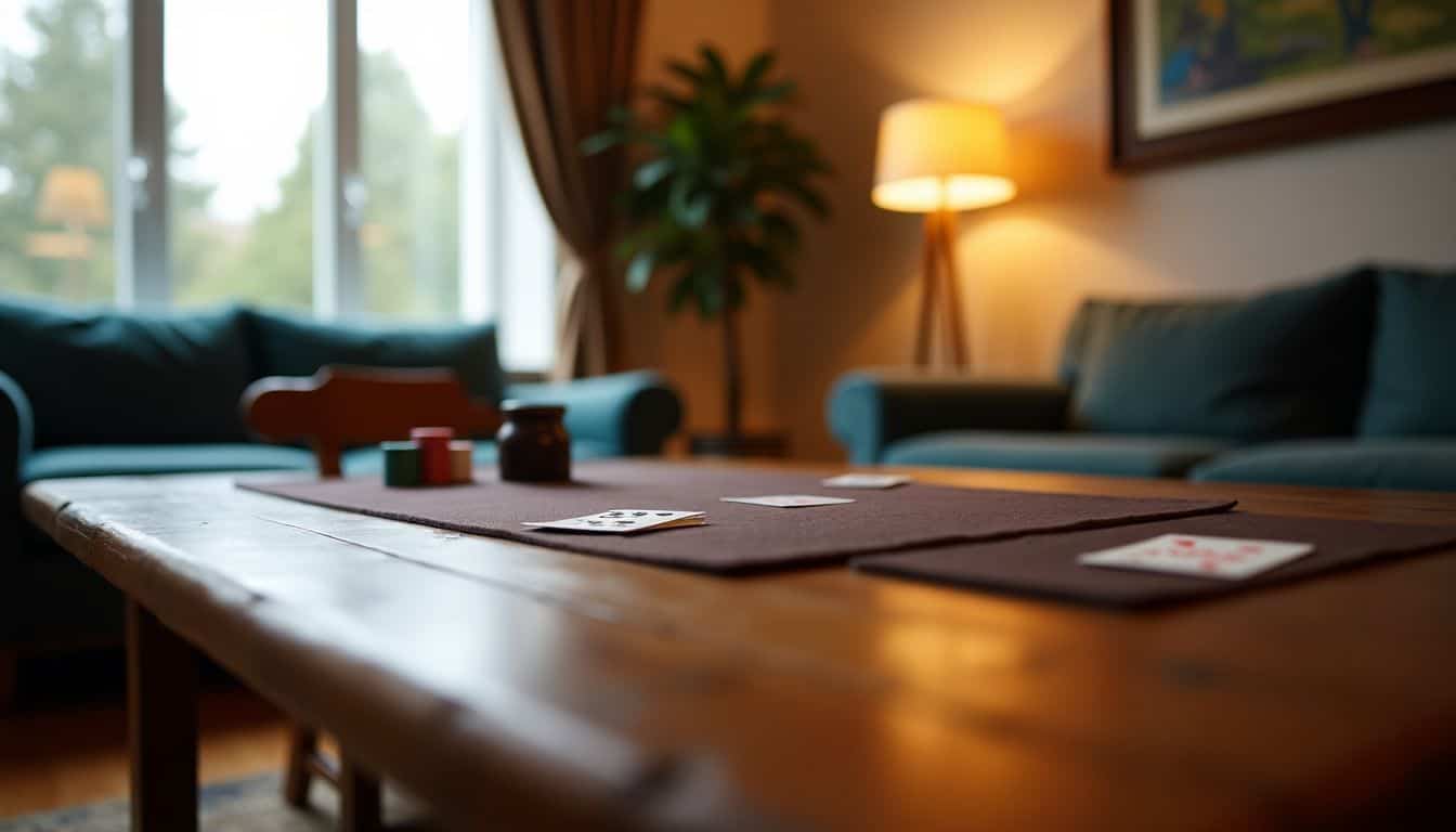 A cozy living room with a set poker table for game night.