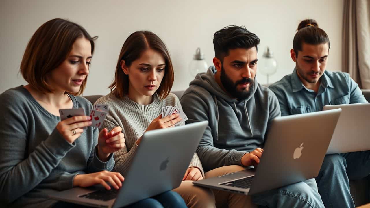 Four friends in their mid-30s playing poker online in a cozy living room.