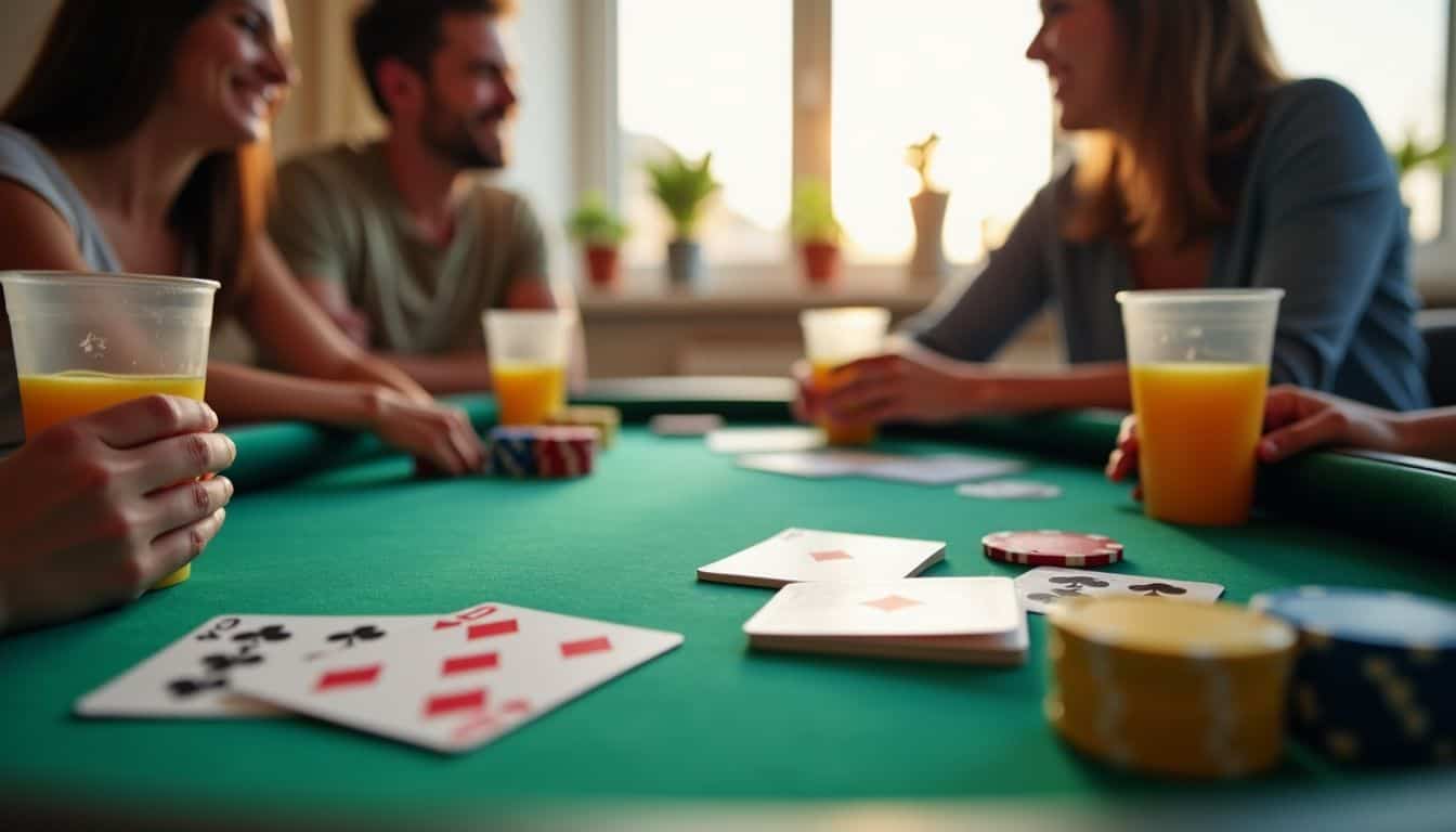 A game night set up with a poker table, drinks, and friends.