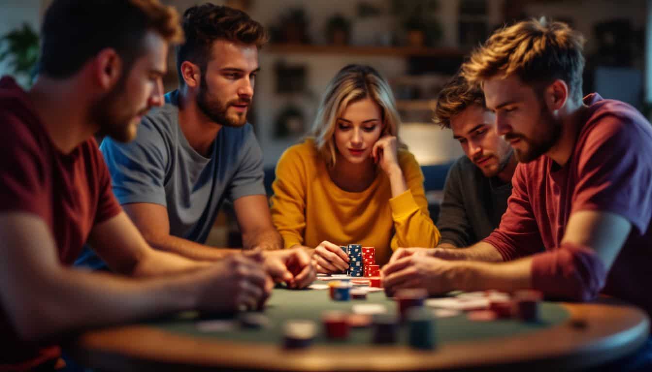 A group of young adults playing poker in a cozy basement.