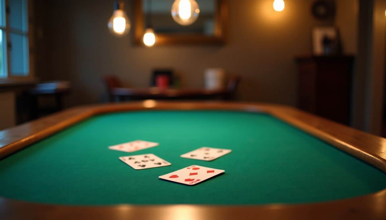 A poker table with scattered playing cards in a casual setting.