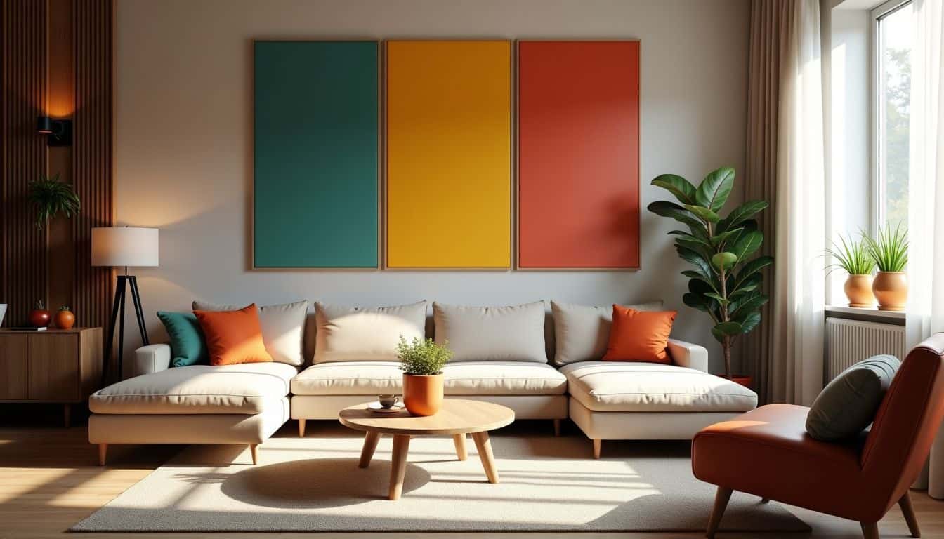 A cozy living room with colorful acoustic panels creates a peaceful atmosphere.