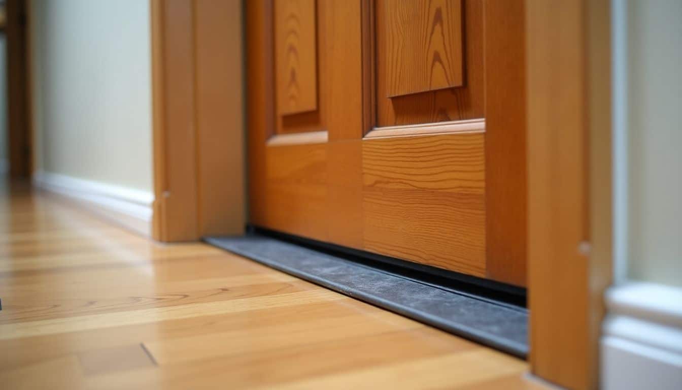 Close-up photo of wooden door with weatherstripping in natural lighting.