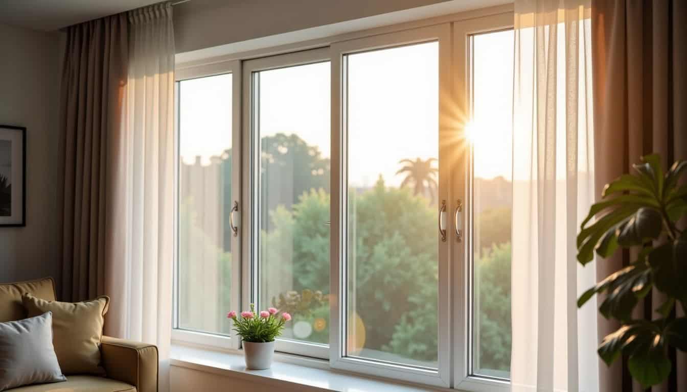 A modern living room with soundproof double-glazed window and heavy curtains.