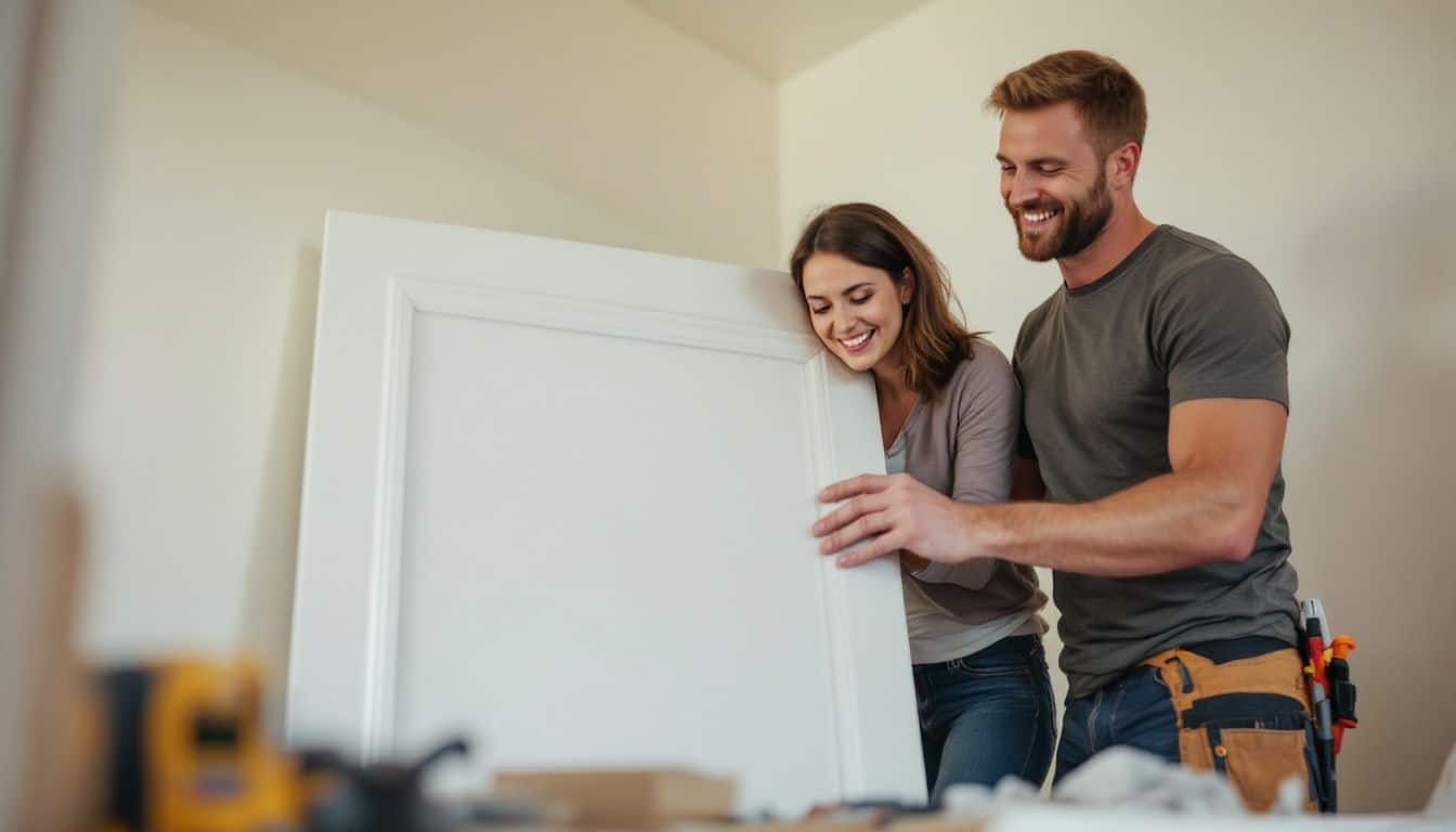 A couple in their 30s installing a solid-core door together.