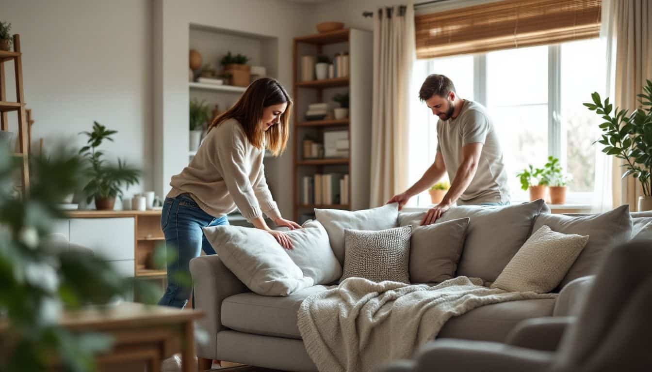 A couple in their mid-30s rearranging furniture in a cozy living room.