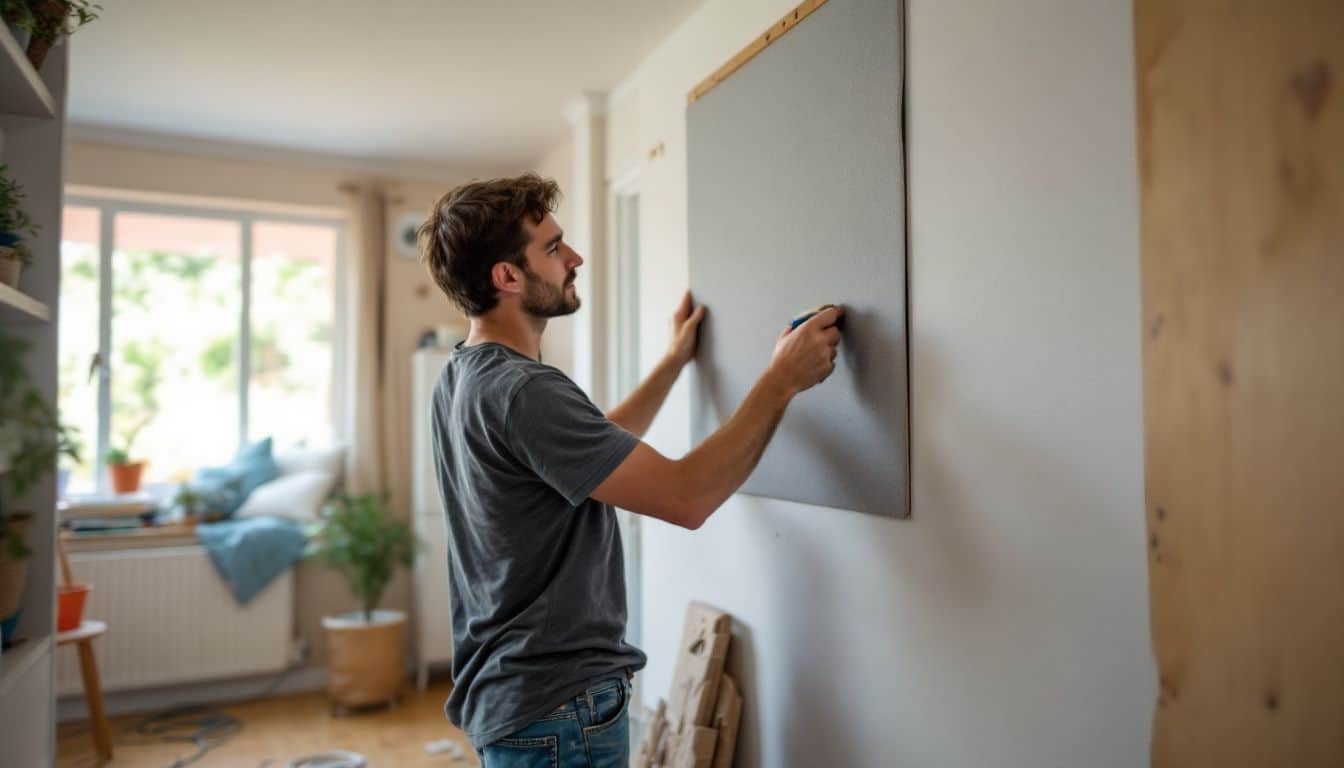 A homeowner in their 30s installs acoustic panels and insulation in their living room.