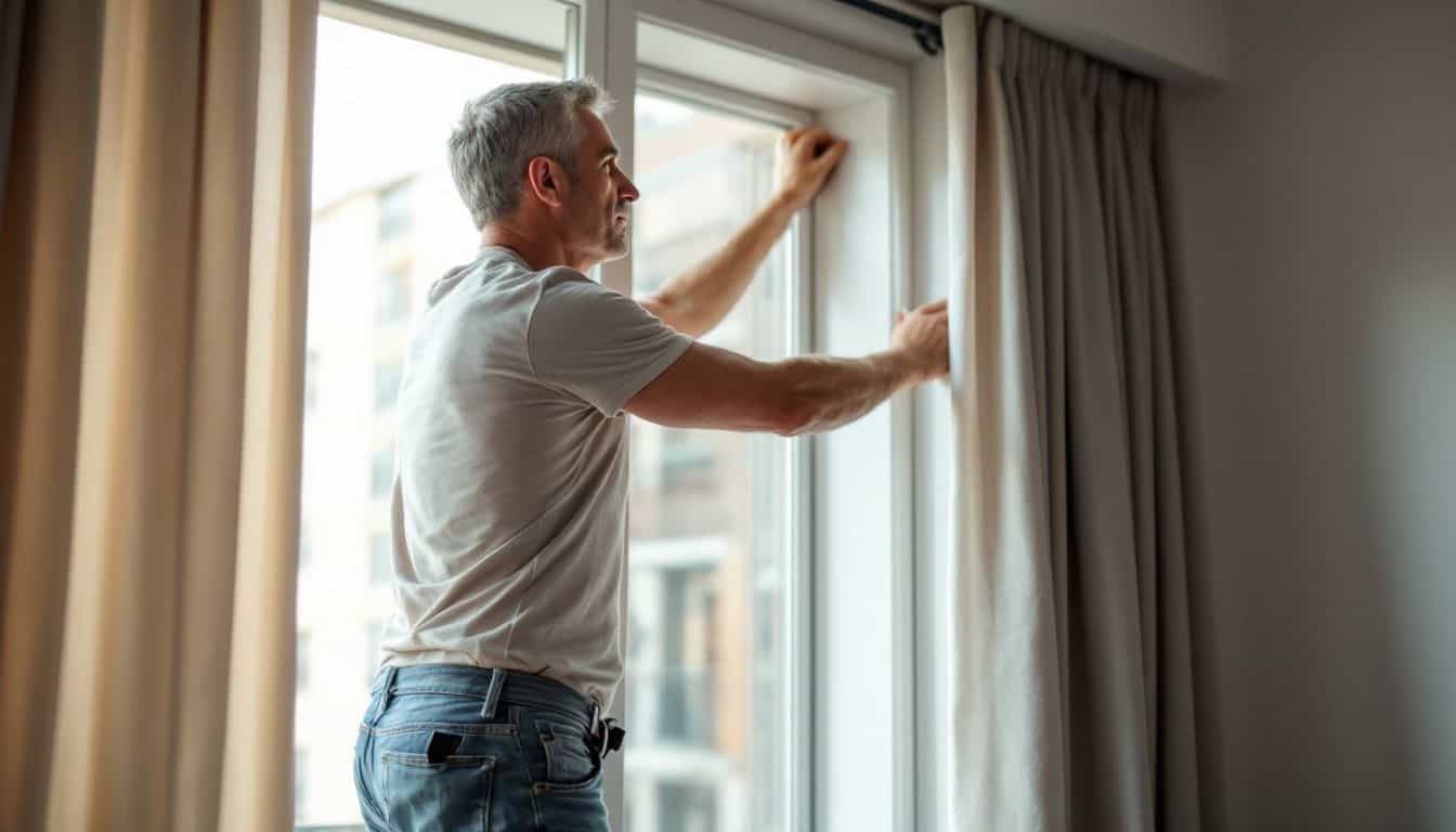 A middle-aged man installing double-glazed windows and heavy curtains in an urban apartment.