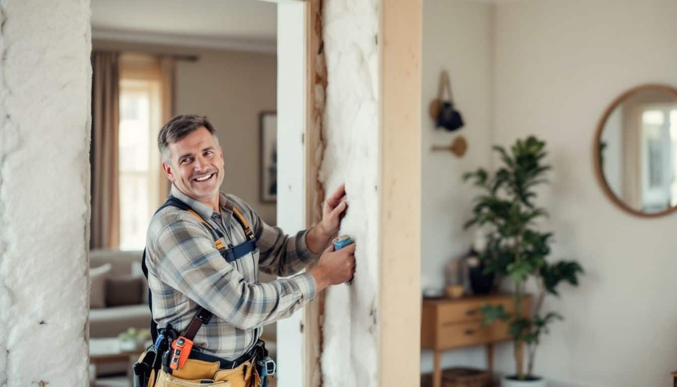 A contractor installing sound-dampening insulation in a well-furnished living room.