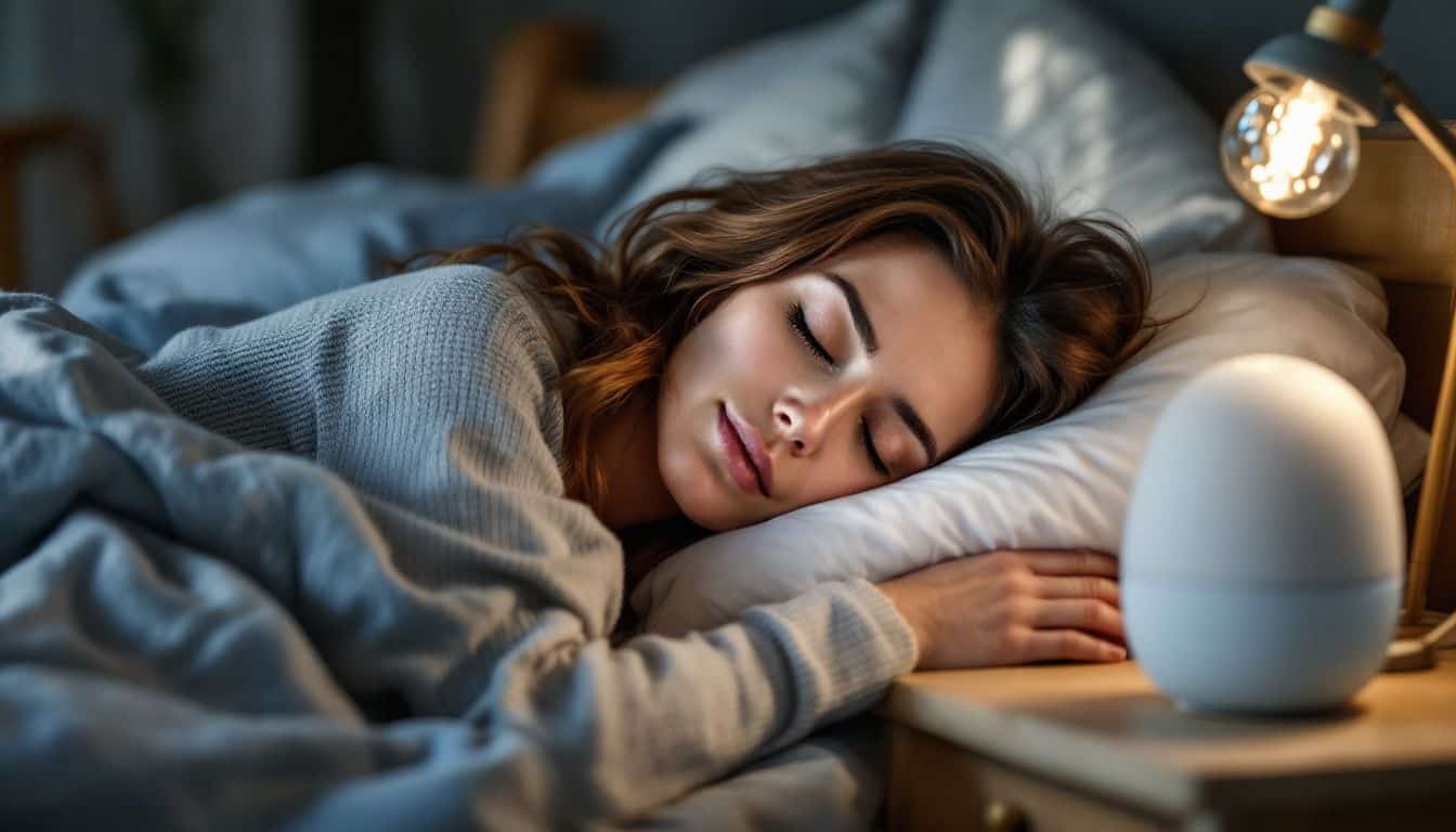 A woman peacefully sleeps in her bedroom next to a white noise machine.