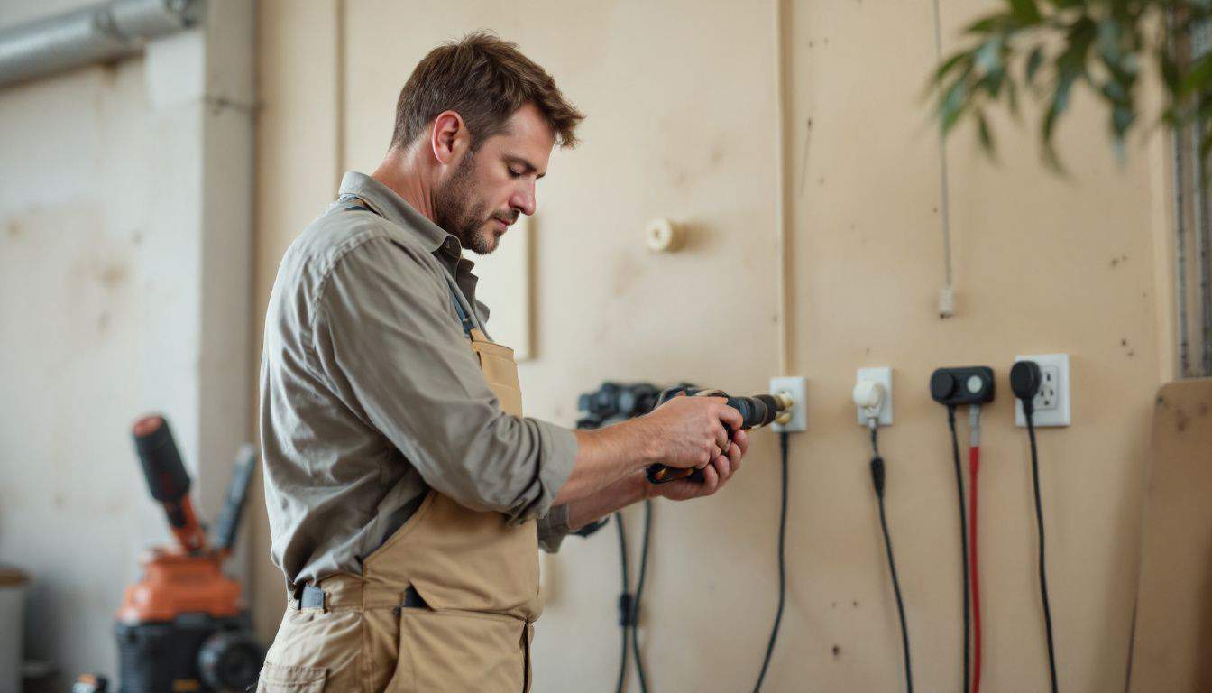 A man in his 40s working in a well-equipped workshop.