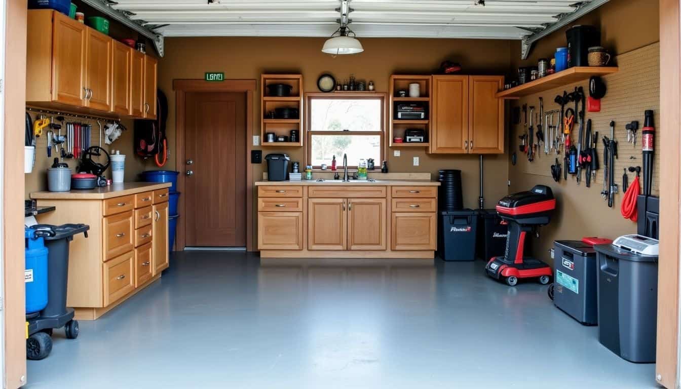 A cluttered garage transformed into an organized space with storage solutions.