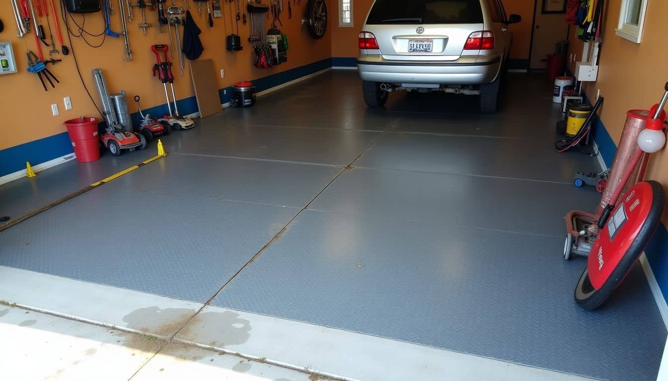 A garage floor with epoxy coating, rubber tiles, tools, and oil spills.