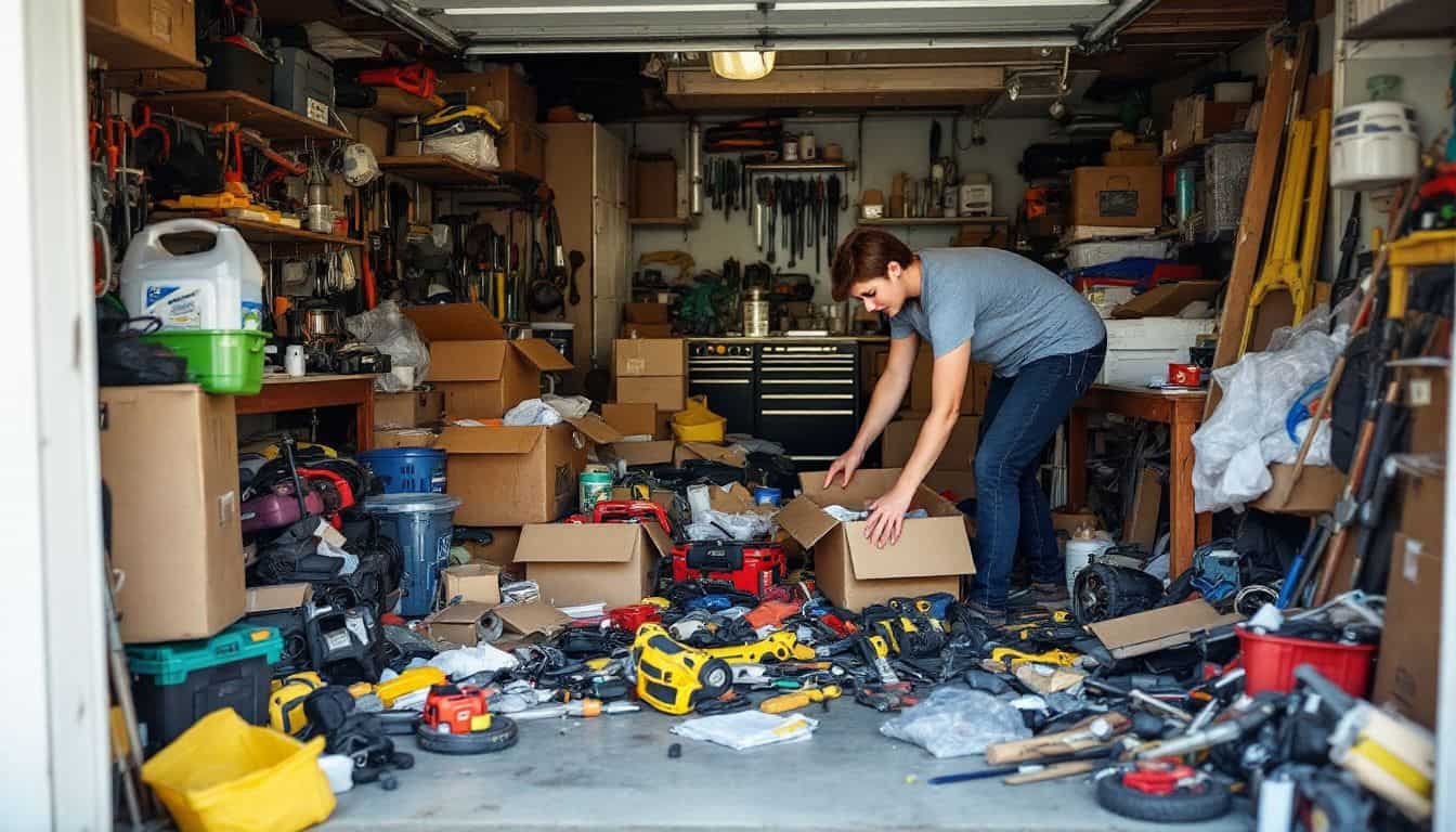 A person decluttering a messy garage to improve safety and functionality.