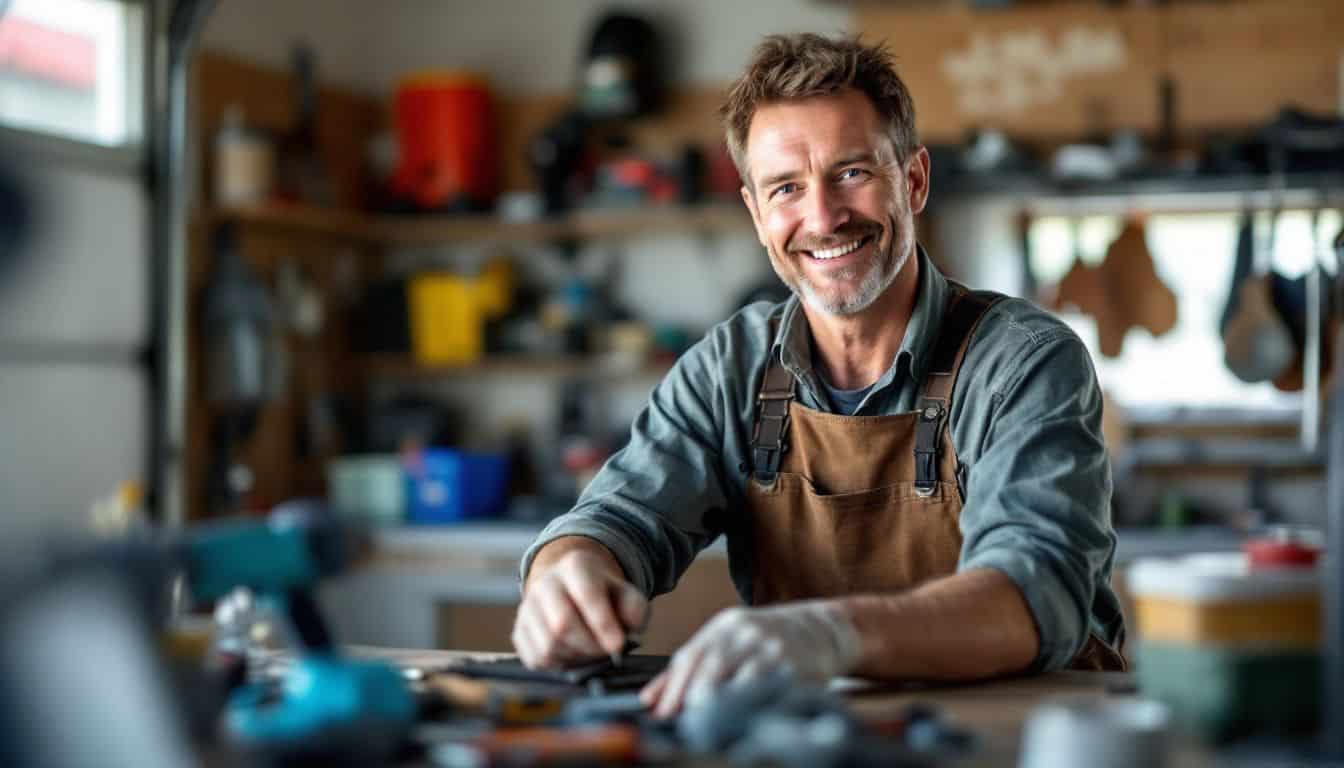 A man organizes tools in his garage workshop to create designated areas.