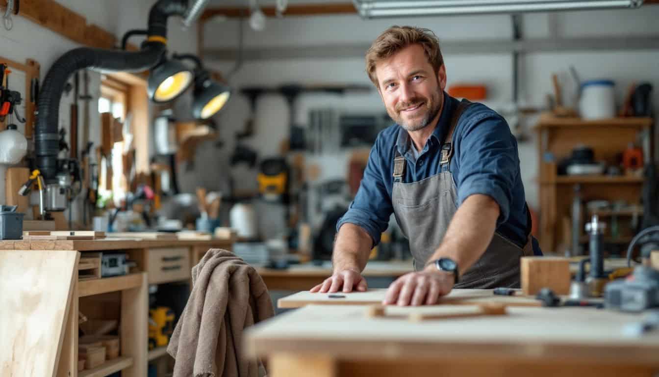 A man working in a well-organized garage workshop.