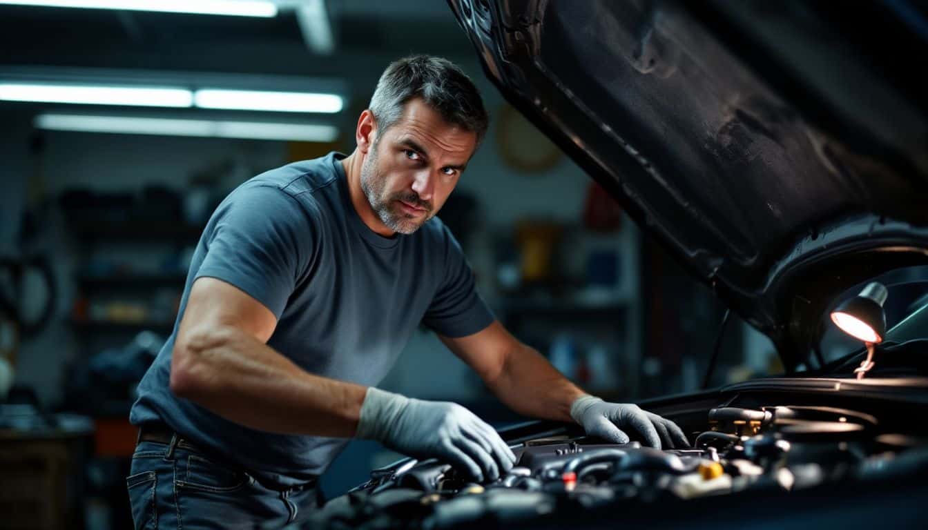 A man in his 40s is working under a car in a garage.