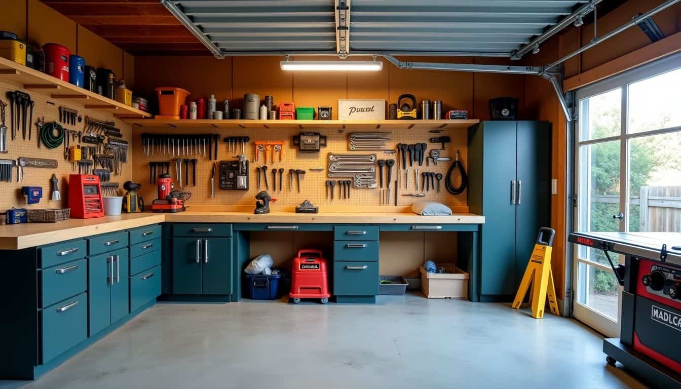 A well-organized garage workshop with clear areas for power and hand tools, workbench, and storage space.