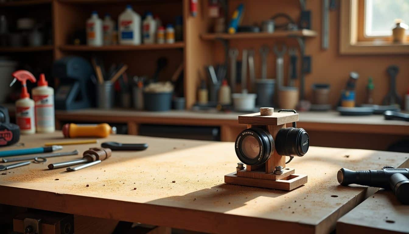 A cluttered garage workbench with scattered tools and DIY essentials.