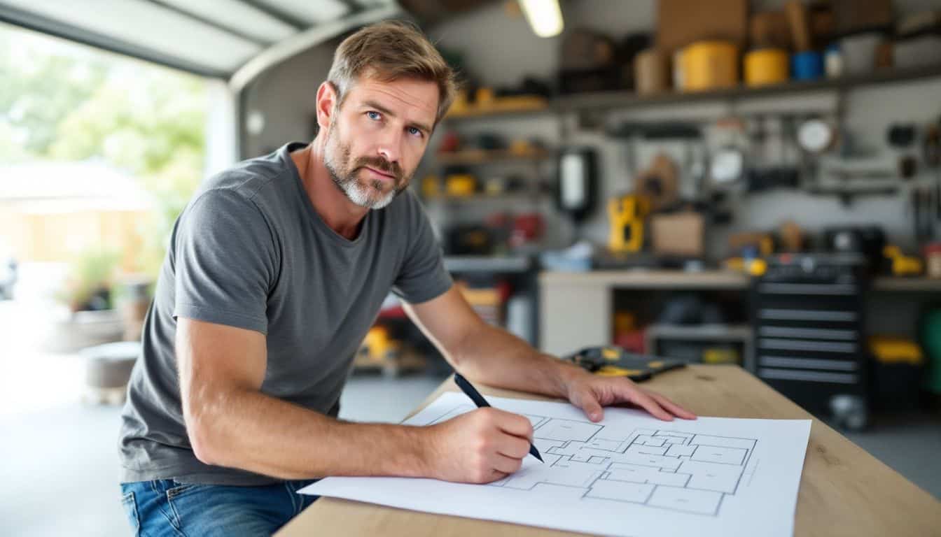 A man organizes his garage workshop layout plan on graph paper.