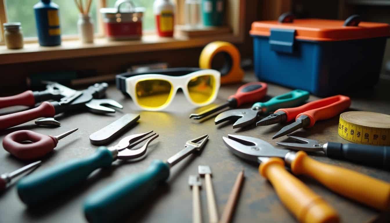 A cluttered workshop table filled with various hand tools and safety equipment.