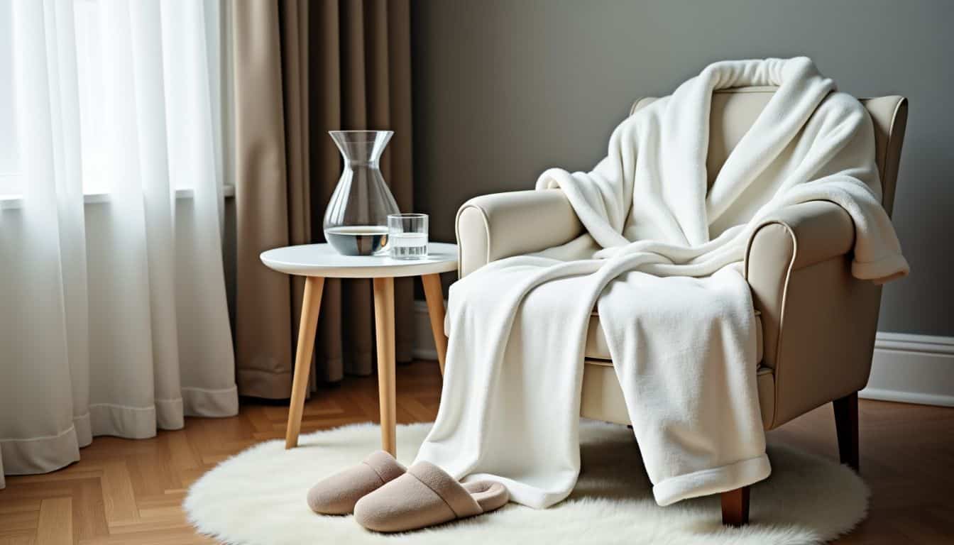 A serene bedroom scene with a plush robe, slippers, and nightstand.