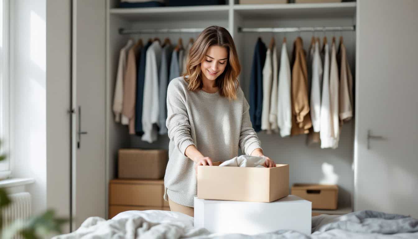 A woman organizing storage in a clean, minimalist bedroom.