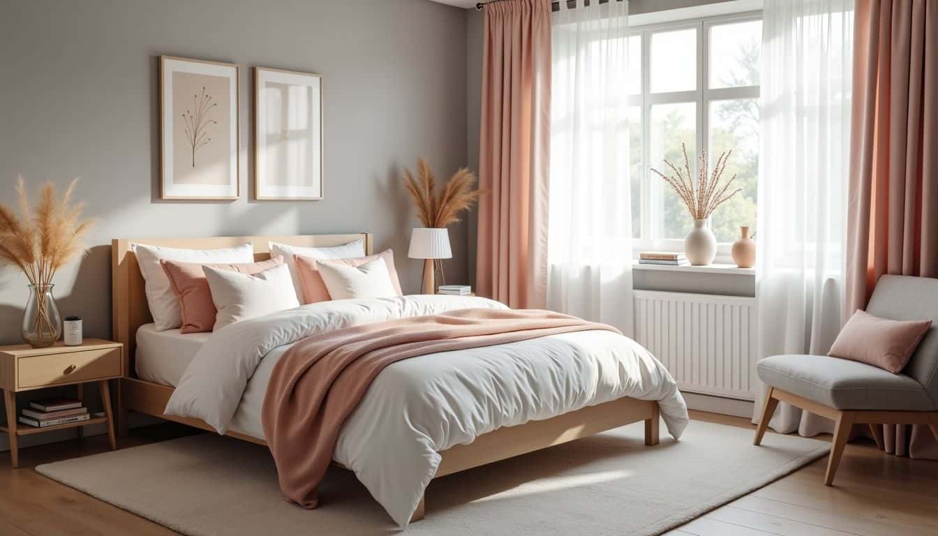 A serene, neutral-colored bedroom with cozy and inviting decor.