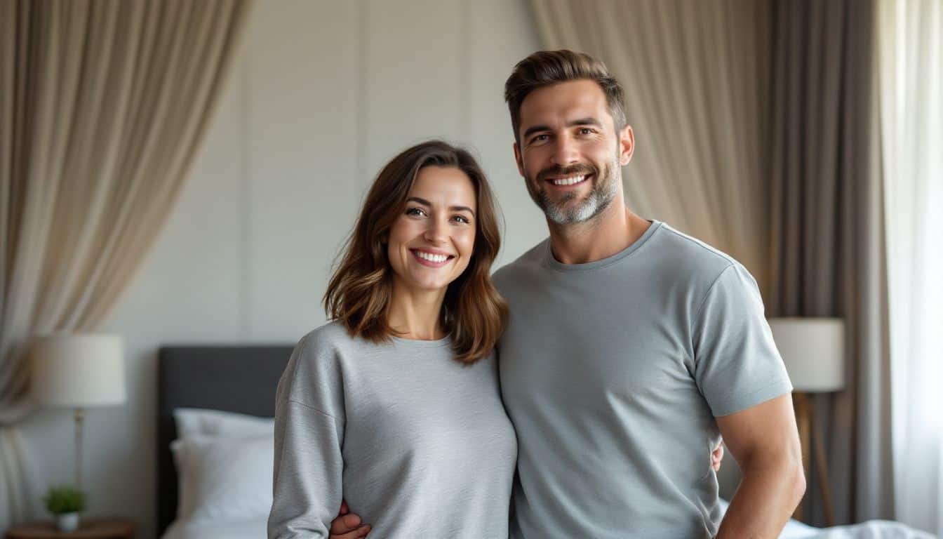 A couple in their late 30s standing together in a well-decorated bedroom.