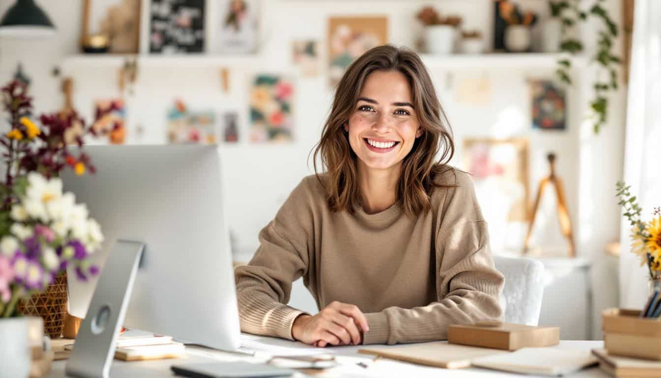 A woman at a cluttered desk with digital graphics for scrapbooking.