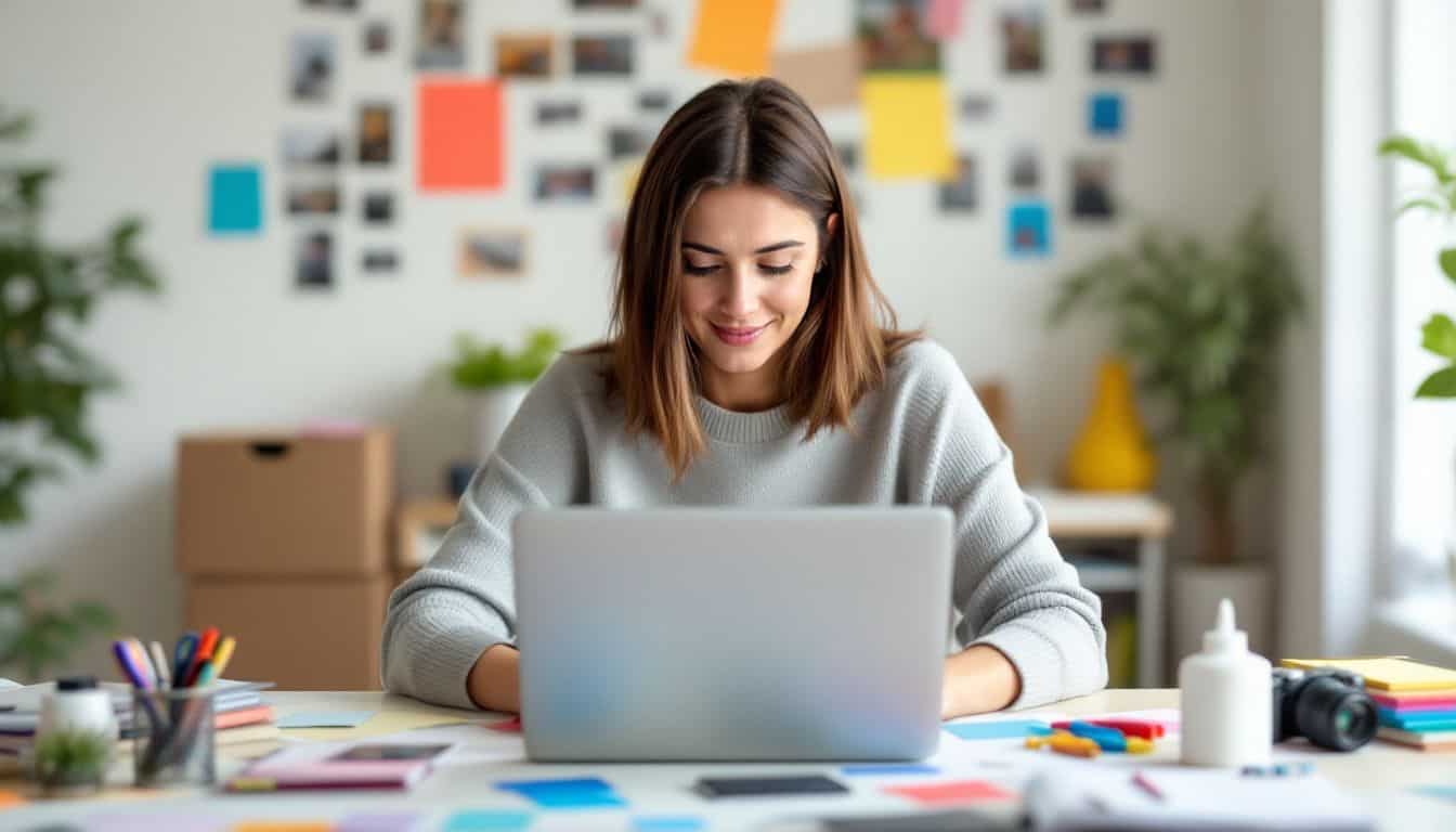 A mid-30s woman creating a digital scrapbook at a cluttered desk.