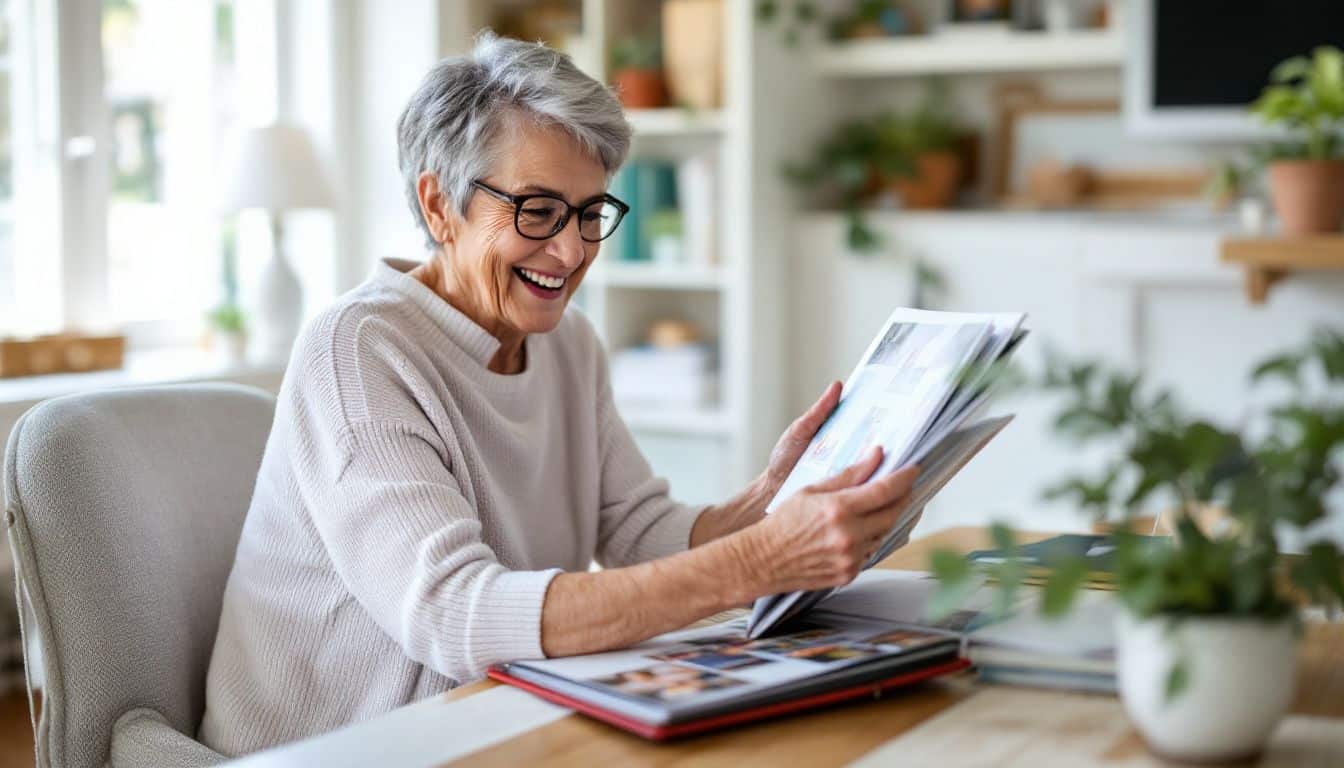 An older woman happily looks through her digital scrapbook photo book.